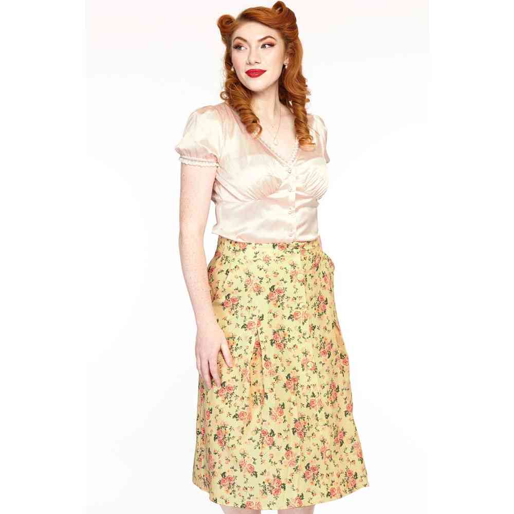 Voodoo Vixen - Vintage Floral Button Front Rok - Geel